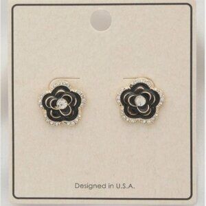 Rose Flower Stud Earrings for Women, Gold Plated Cubic Zirconia - Black
